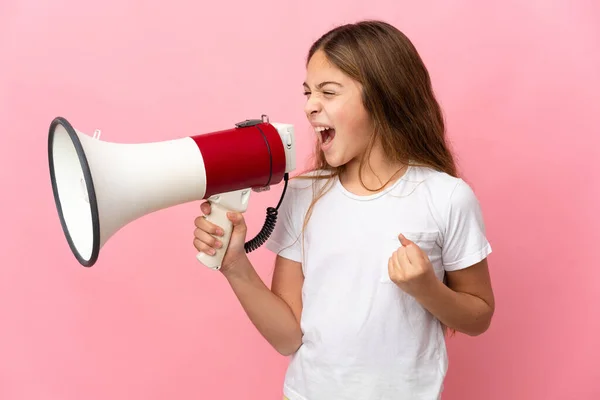 Child Isolated Pink Background Shouting Megaphone Announce Something Lateral Position — Stock Photo, Image
