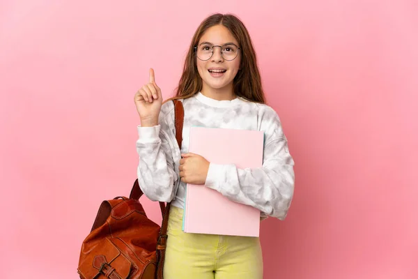 stock image Student little girl over isolated pink background thinking an idea pointing the finger up