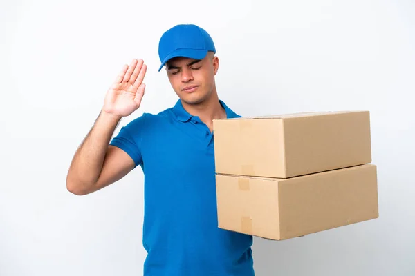 Delivery Caucasian Man Isolated White Background Making Stop Gesture Disappointed — Stock Photo, Image