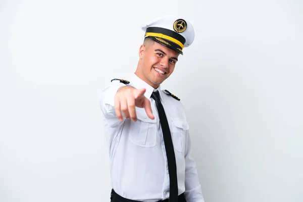 Pilot Samolotu Biały Człowiek Odizolowany Białym Tle Wskazuje Palcem Ciebie — Zdjęcie stockowe
