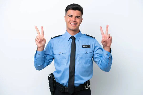 Молодий Поліцейський Білий Чоловік Ізольований Білому Тлі Показуючи Знак Перемоги — стокове фото