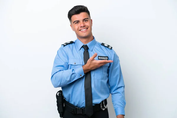 Молодий Поліцейський Кавказький Чоловік Ізольований Білому Тлі Представляючи Ідею Дивлячись — стокове фото