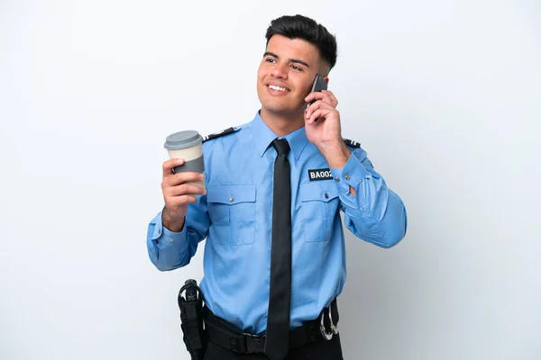 Молодий Поліцейський Білий Чоловік Ізольований Білому Тлі Тримає Каву Щоб — стокове фото