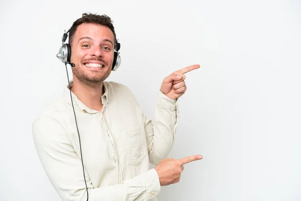 Telemarketer Caucasian Man Working Headset Isolated White Background Pointing Finger — Foto de Stock