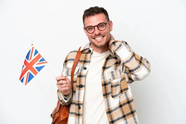 Young Hispanic Man Holding United Kingdom Flag Isolated White Background — Stock fotografie