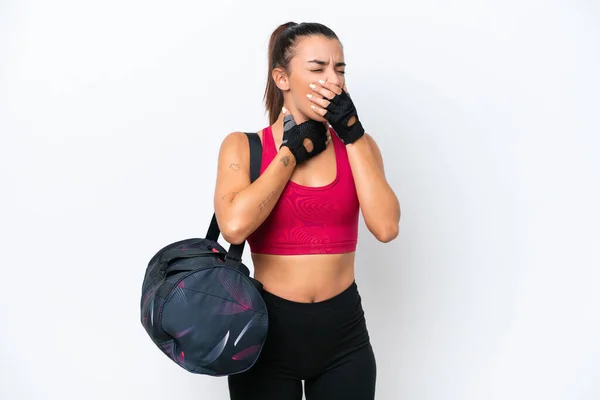 Young Sport Woman Sport Bag Isolated White Background Suffering Cough — Stockfoto