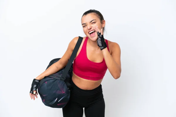 Young Sport Woman Sport Bag Isolated White Background Shouting Mouth — Φωτογραφία Αρχείου