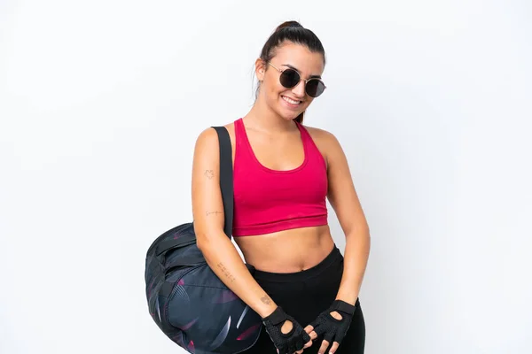 Young Sport Woman Sport Bag Isolated White Background Glasses Happy — Stockfoto