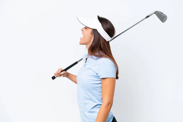 若いですCaucasian女性プレイゴルフ孤立した上に白い背景笑いで横位置 — ストック写真