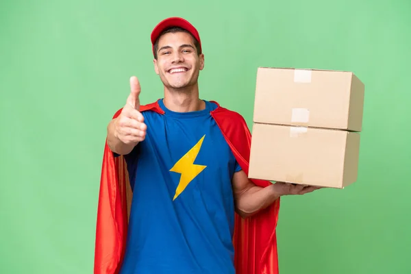 Super Hero Delivery Man Isolated Background Shaking Hands Closing Good — Stock Photo, Image