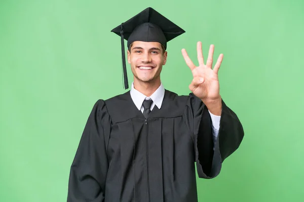 Jovem Universitário Graduado Caucasiano Homem Sobre Fundo Isolado Feliz Contando — Fotografia de Stock
