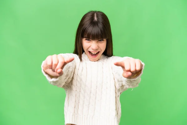 Little Caucasian Girl Isolated Background Surprised Pointing Front — Stock Photo, Image
