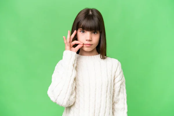 Little Caucasian Girl Isolated Background Showing Sign Silence Gesture — Stock Photo, Image