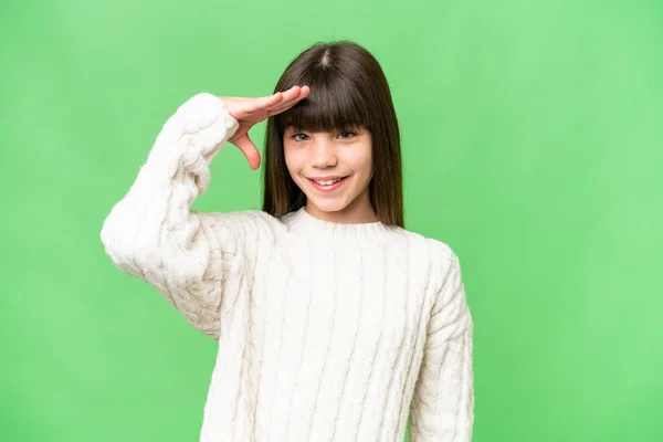 Little Caucasian Girl Isolated Background Saluting Hand Happy Expression — Stock Photo, Image