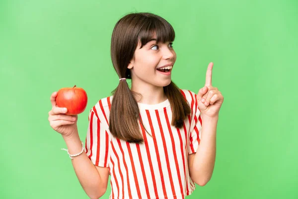Kis Kaukázusi Lány Tart Egy Almát Elszigetelt Háttér Azzal Szándékkal — Stock Fotó