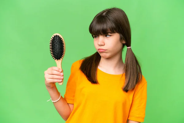 Little Caucasian Girl Hair Comb Isolated Background Sad Expression — Stock Photo, Image