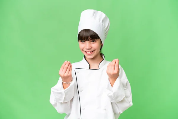Piccolo Caucasico Chef Ragazza Oltre Isolato Sfondo Fare Soldi Gesto — Foto Stock