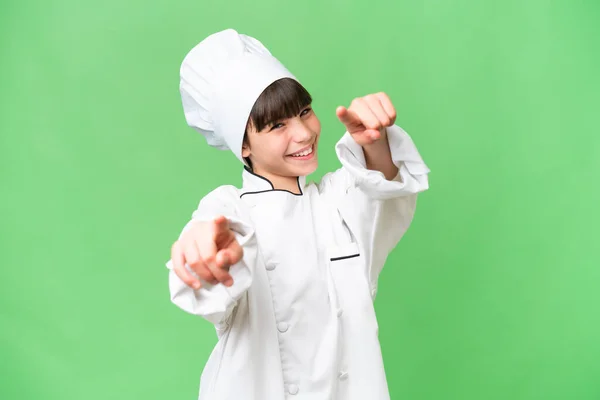 Piccolo Caucasico Chef Ragazza Oltre Isolato Sfondo Punti Dito Voi — Foto Stock