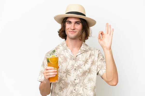 Young Handsome Man Holding Cocktail Isolated White Background Showing Sign — Stock Photo, Image