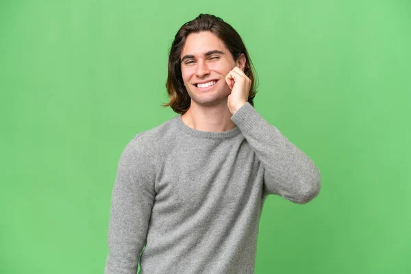 Young Caucasian Man Isolated Green Chroma Background Laughing — Stock Photo, Image