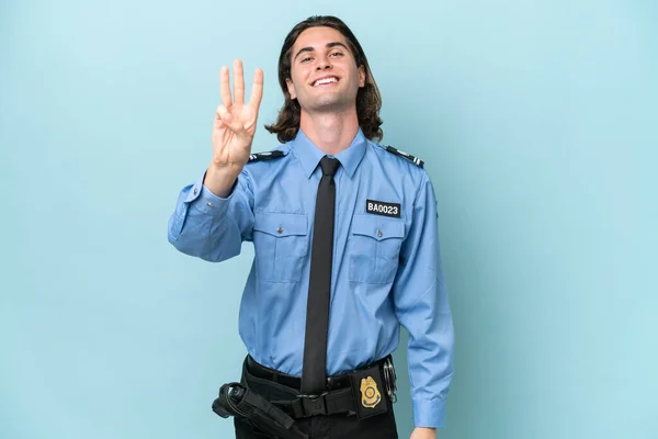 Joven Policía Caucásico Hombre Aislado Sobre Fondo Azul Feliz Contando —  Fotos de Stock