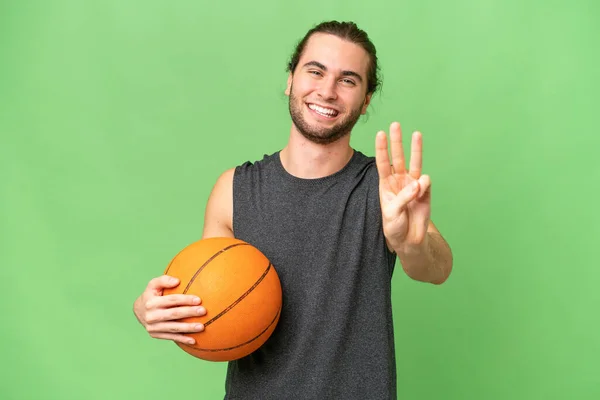 Joven Jugador Baloncesto Hombre Sobre Fondo Aislado Feliz Contar Tres —  Fotos de Stock