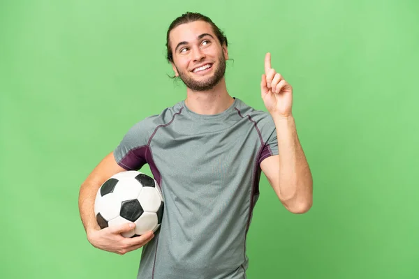 Jonge Knappe Football Speler Man Geïsoleerde Achtergrond Wijzend Een Geweldig — Stockfoto