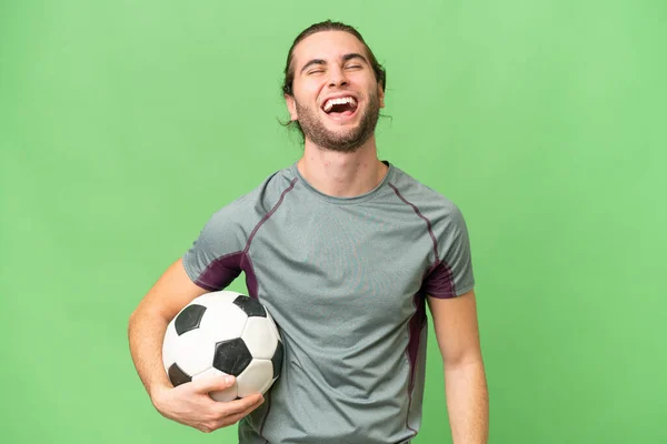 Jonge Knappe Football Speler Man Geïsoleerde Achtergrond Lachen — Stockfoto