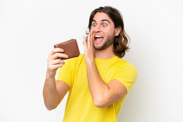Young Handsome Man Holding Wallet Isolated White Background Surprise Shocked — Stock Photo, Image