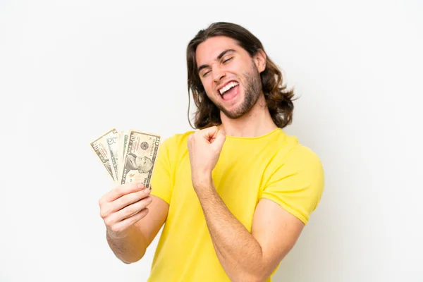 Jovem Bonito Homem Tomando Monte Dinheiro Isolado Fundo Branco Comemorando — Fotografia de Stock