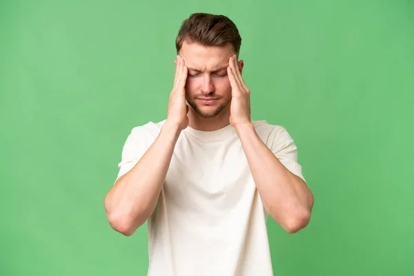 Young Blonde Caucasian Man Isolated Background Headache — Stock Photo, Image