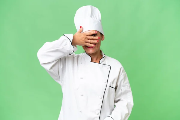 Middle Aged Chef Woman Isolated Background Covering Eyes Hands Smiling — Stock Photo, Image