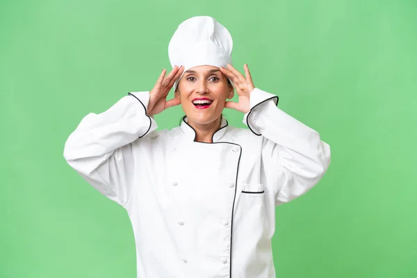 Middle Aged Chef Woman Isolated Background Surprise Expression — Stock Photo, Image