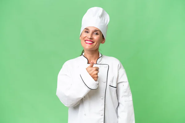 Middle Aged Chef Woman Isolated Background Giving Thumbs Gesture — Stock Photo, Image