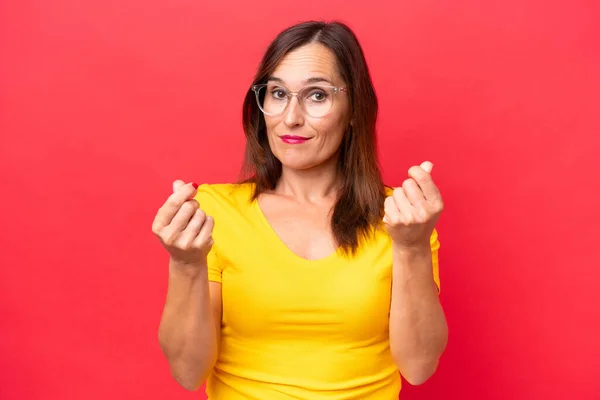Middle Aged Caucasian Woman Isolated Red Background Making Money Gesture — Stock Photo, Image