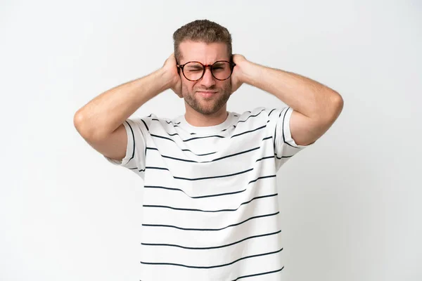 Young Handsome Caucasian Man Isolated White Background Frustrated Covering Ears — 图库照片