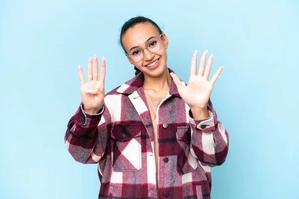 Young Arab Woman Isolated Blue Background Counting Nine Fingers — Stock Photo, Image