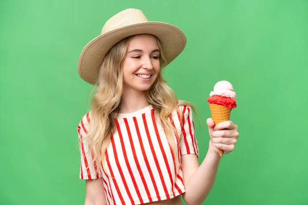 Young English Woman Cornet Ice Cream Isolated Background Happy Expression — ストック写真