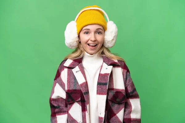 Young English Woman Wearing Winter Muffs Isolated Background Surprise Facial — Stock Photo, Image