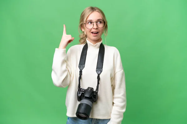 Young Photographer English Woman Isolated Background Intending Realizes Solution While — Stock Photo, Image