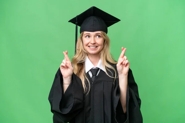 Jovem Universidade Inglês Pós Graduação Mulher Sobre Fundo Isolado Com — Fotografia de Stock