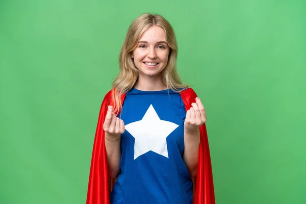 Super Hero Angielska Kobieta Odosobnionym Tle Pieniądze Gest — Zdjęcie stockowe
