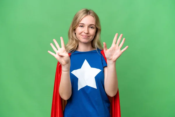 Super Hero English Woman Isolated Background Counting Nine Fingers — Stock Photo, Image