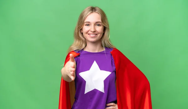 Young English Woman Isolated Background Superhero Costume Making Deal — Stock Photo, Image