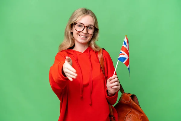 Junge Hispanische Frau Mit Britischer Flagge Vor Isoliertem Hintergrund Beim — Stockfoto