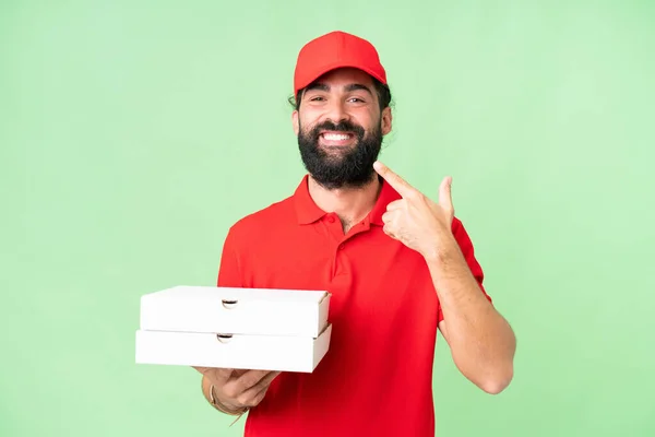 Pizza Delivery Man Work Uniform Picking Pizza Boxes Isolated Chroma — Stockfoto