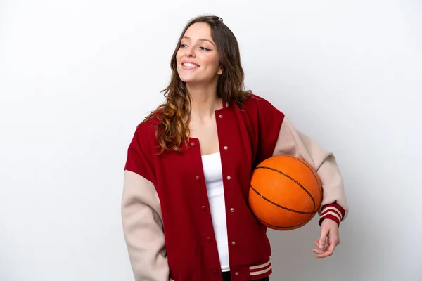 Young Caucasian Woman Playing Basketball Isolated White Background Posing Arms — Stock Photo, Image