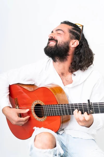 Young Man Beard Playing Guitar White Background — Stockfoto