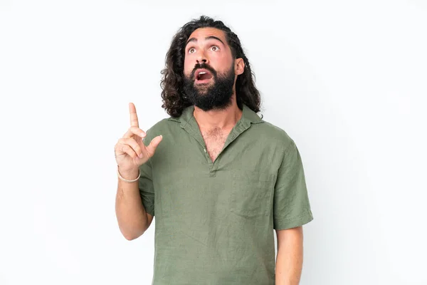 Young Man Beard Isolated White Background Thinking Idea Pointing Finger — Stock Photo, Image