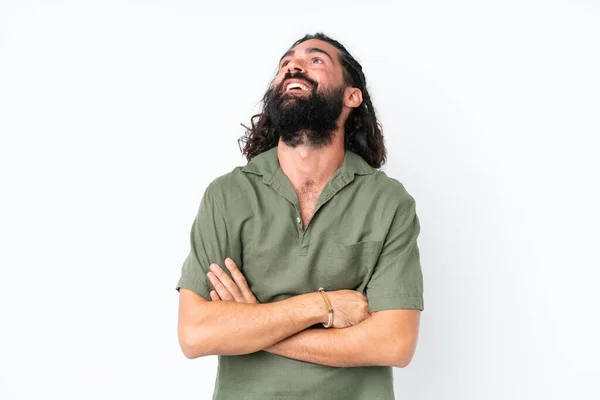 Sakallı Genç Adam Izole Edilmiş Beyaz Arka Planda Gülümserken Yukarı — Stok fotoğraf